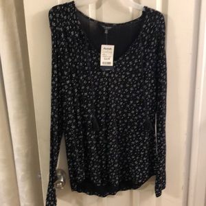 Lucky brand black top with blue flowers. Size large, new with tags.